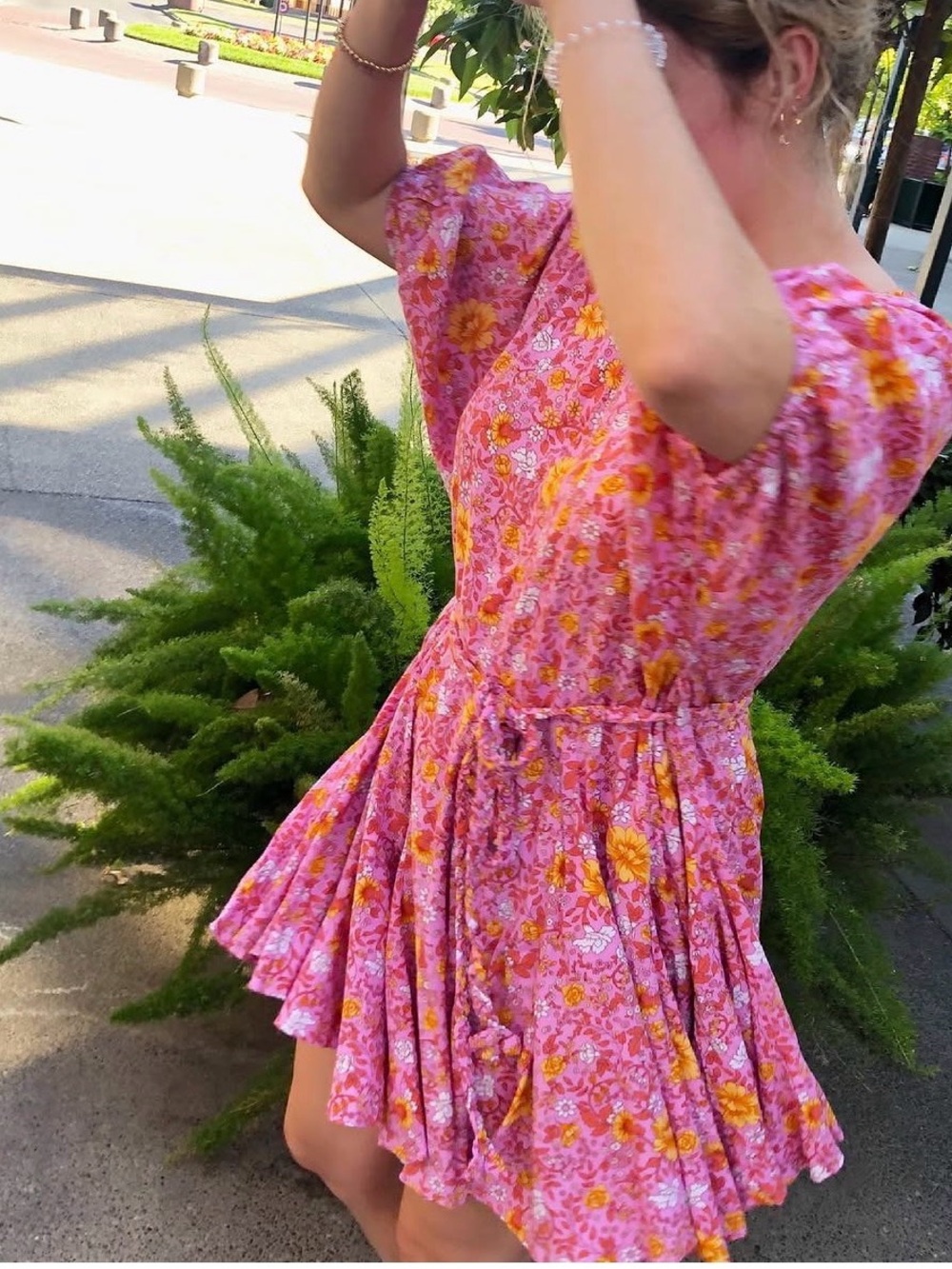 Pink Floral Tie-Waist Mini Dress with Flutter Sleeves